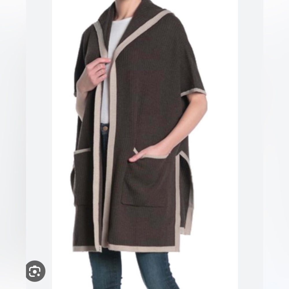 TART MERINO WOOL HOODED CARDIGAN SWEATER VEST REVERSIBLE GRAY BLACK TRIM